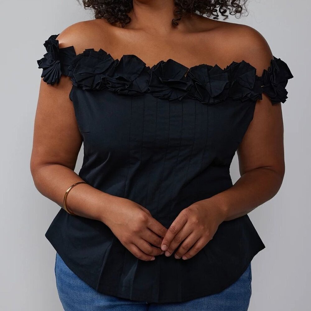 New York & Co Off The Shoulder 3-D Rosette Stretch Cotton Poplin Blouse Size L